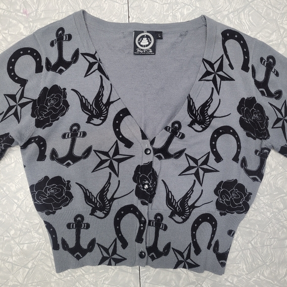 Gray Cardigan with Black Nautical Print - Picture 2 of 3